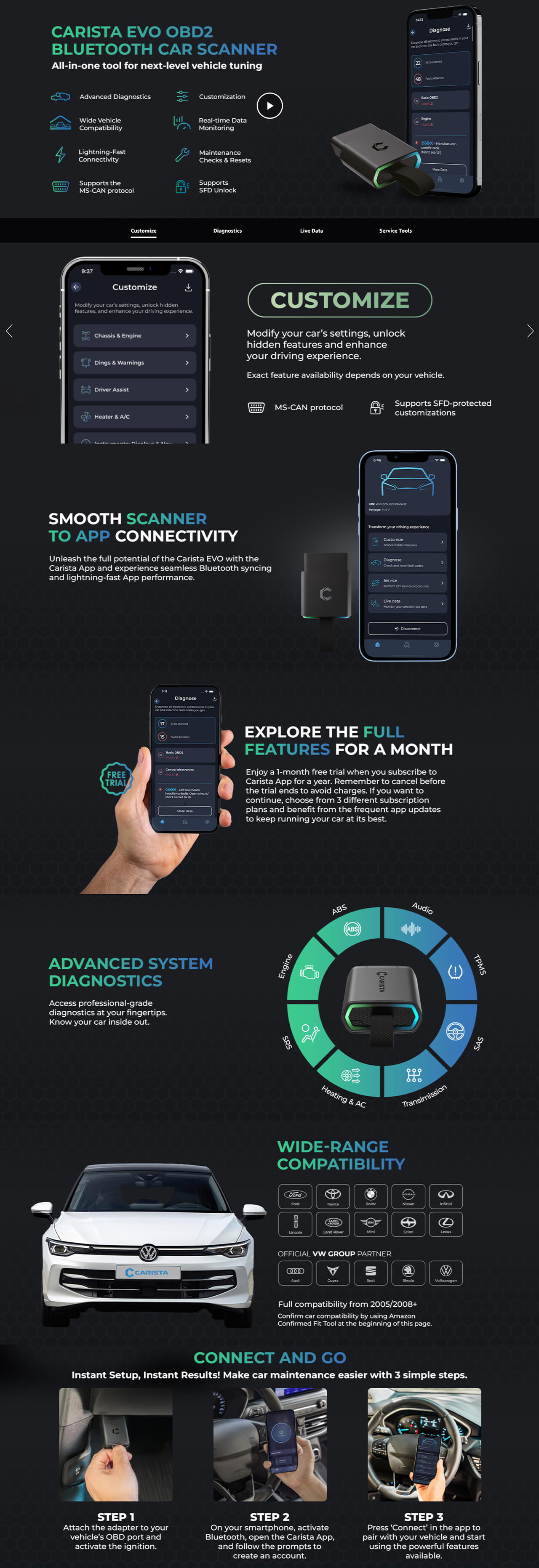 Carista Diagnostic Tool: Sleek car scanner in hand, dynamic typography, and clean, professional layout.